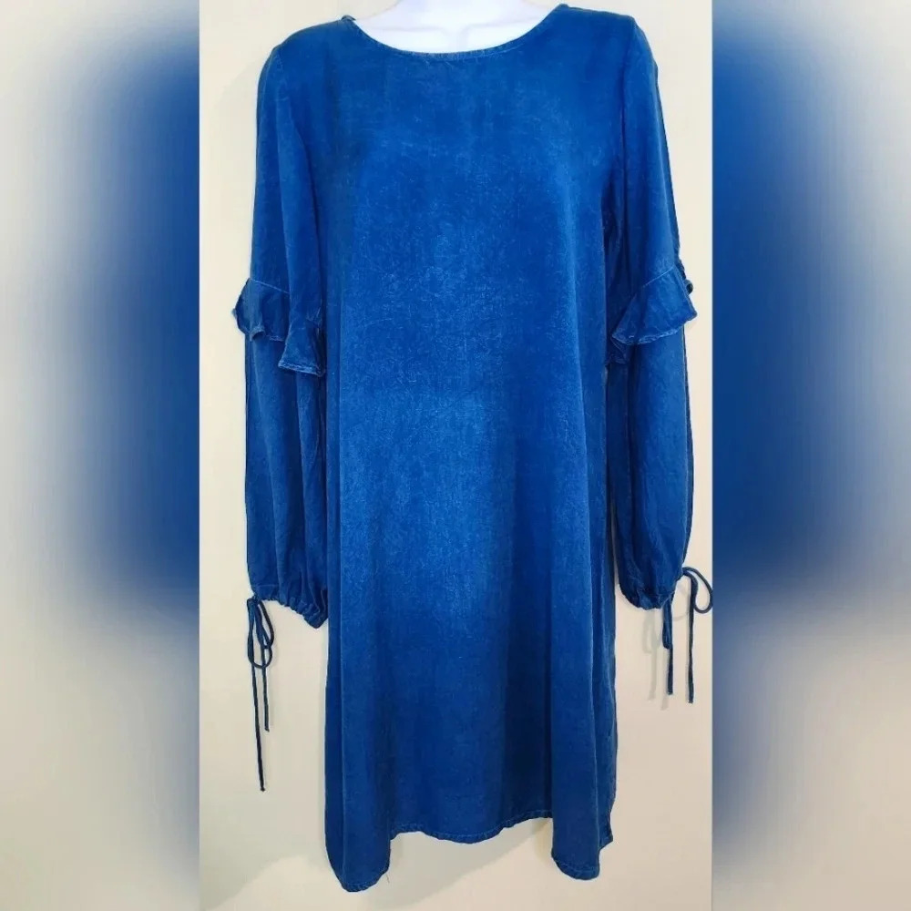 Style Envy Womens‎ Dark Chambray Shift Dress Size S Ruffle Americana Academia